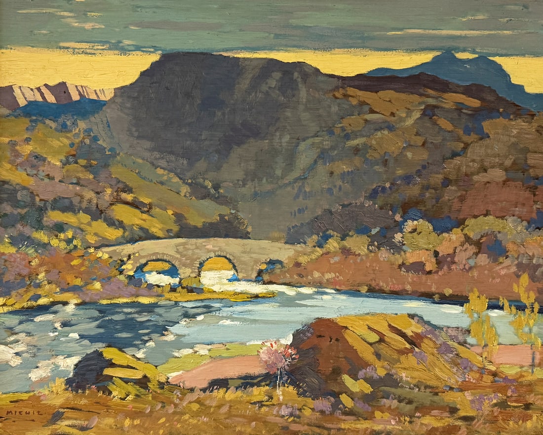 JAMES BEATTIE MICHIE LANDSCAPE PAINTING: MICHIE, James Beattie, (Scottish, 1891-1959): Scottish Countryside with Stone Bridge and River, Oil/Board, signed lower left, framed,.