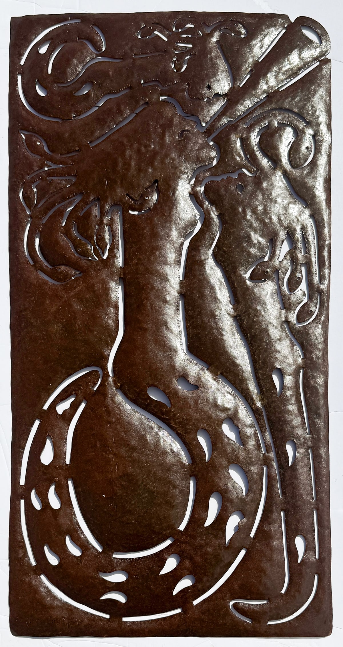 SERGE JOLIMEAU HAITIAN METAL ARTWORK: JOLIMEAU, Serge, (Haitian, b. 1952): Stylized Gorgon in Relief, Painted Metal, 48" x 24.25", signed lower left.