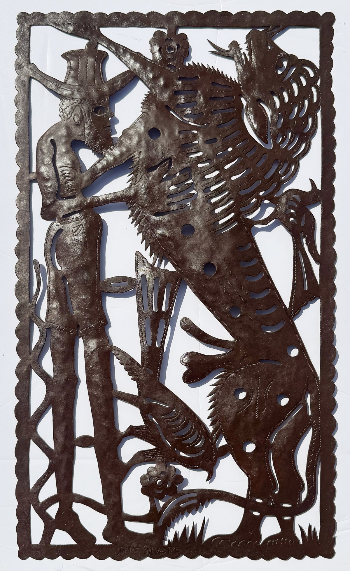 JOHN SILVESTRE HAITIAN METAL ARTWORK: SILVESTRE, John, (Haitian, b. 1957): Bearded Man and Rearing Beast, Painted Metal, 33.625" x 19.5", signed along the bottom edge.