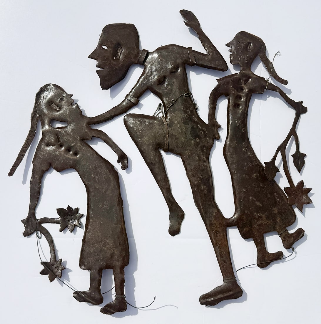 GABRIEL BIEN AIME HAITIAN METAL ARTWORK: BIEN AIME, Gabriel, (Haitian, b. 1951): Three Figures Dancing, Painted Metal, 24" x 25", signed on the center figure's leg.