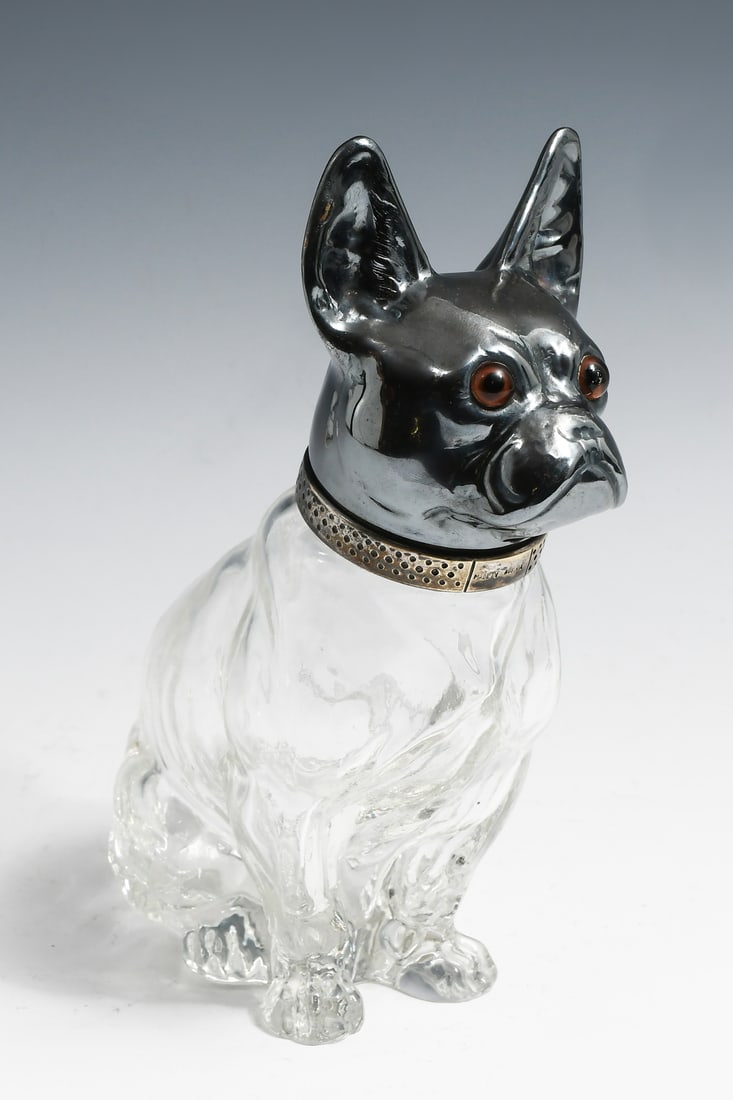 AUSTRIAN SILVER PLATE FRENCH BULLDOG DECANTER: AUSTRIAN SILVER PLATE FRENCH BULLDOG DECANTER: Antique Austrian Silver Plate Decanter in the form of a dog, having a Clear glass body with a hinged head and glass eyes. Original stopper is present. "M
