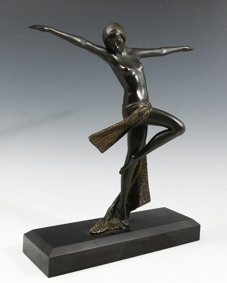 ART DECO DANCER BRONZE: ART DECO DANCER BRONZE: Bronze, 11.75" in height, overall 13.5" in height with rectangular plinth, no visible signature, incised inscription verso reading "Made in France".