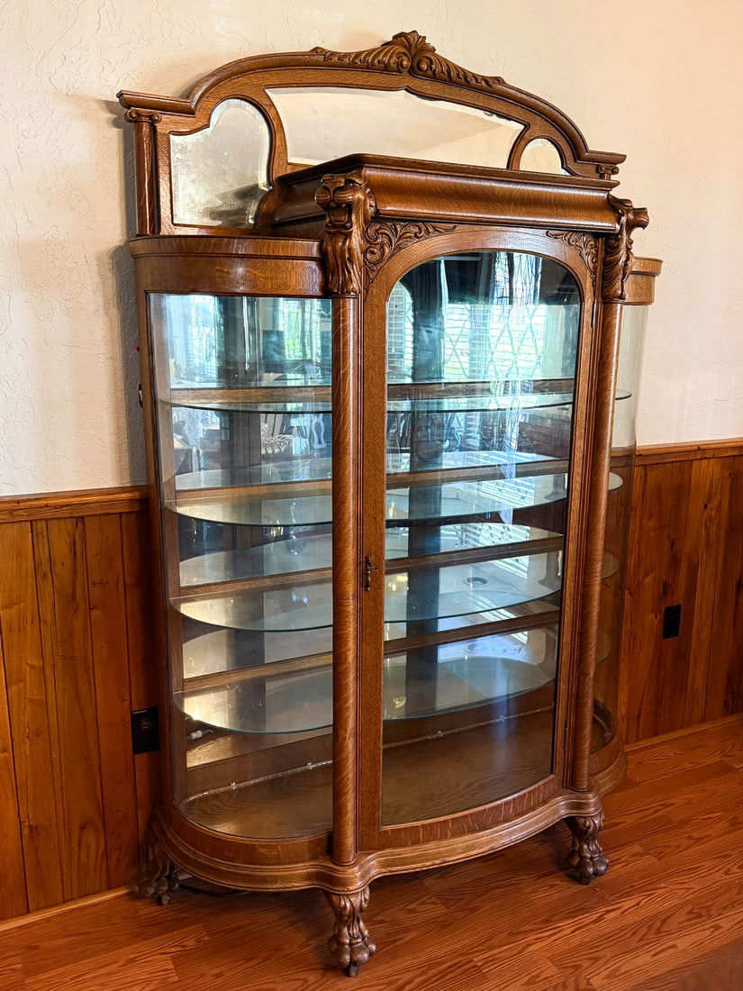 VICTORIAN OAK TRIPLE BOW CABINET (1 of 4)