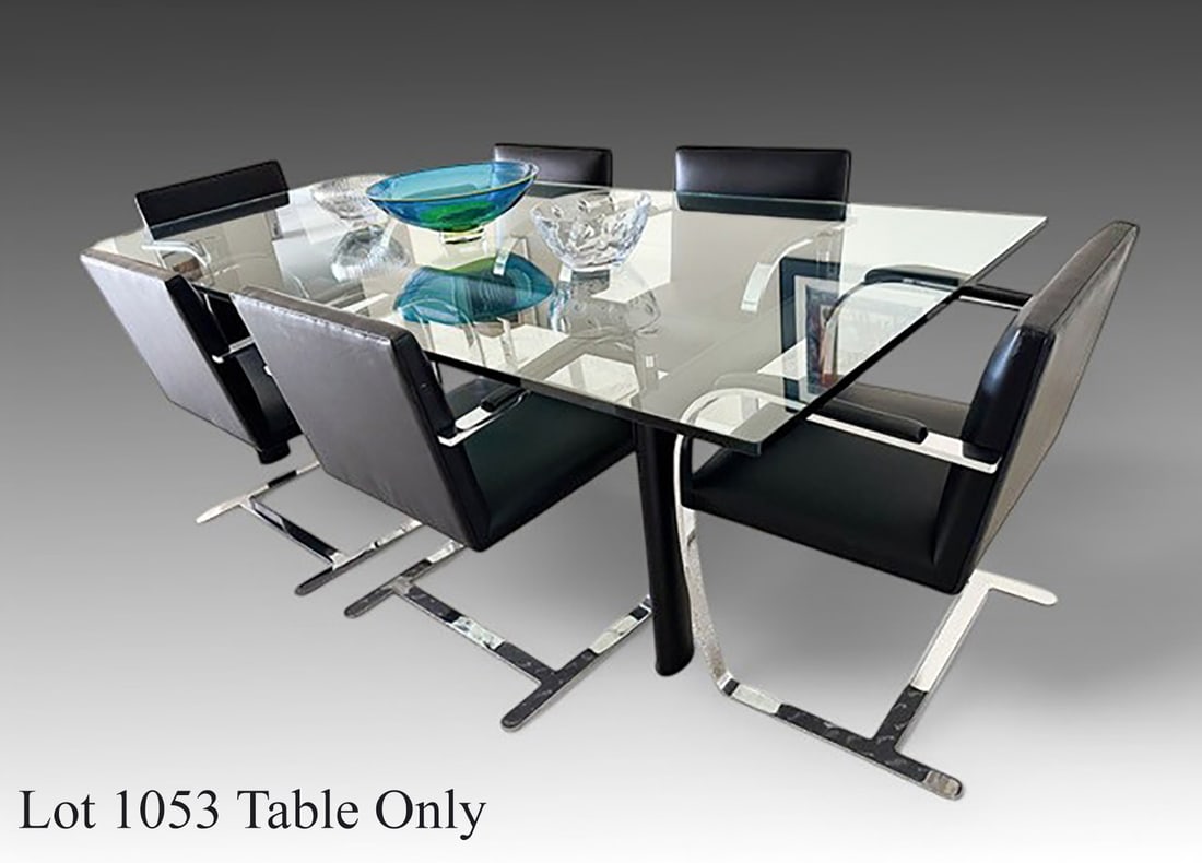 CHARLOTTE PERRIAND CORBUSIER LC6 DINING TABLE: CHARLOTTE PERRIAND CORBUSIER CASSINA LC6 DINING TABLE: Le Corbusier style glass top dining table, Pierre Jenneret and Charlotte Perriand design from 1928, manufactured by Cassina, Italy. Black enamel