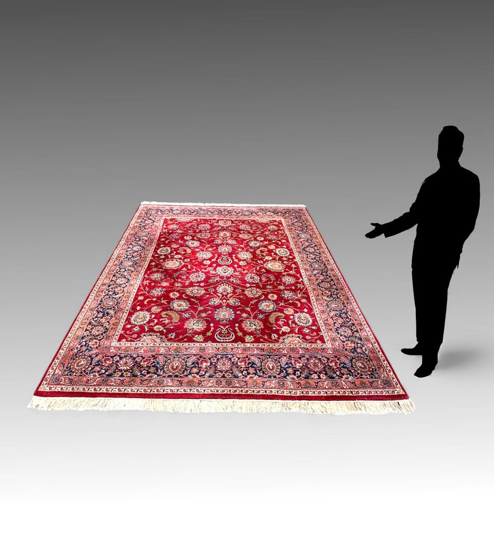 ESTATE HANDMADE PERSIAN KASHAN DESIGN CARPET: ESTATE HANDMADE PERSIAN KASHAN DESIGN ORIENTAL CARPET: A central medallion design on a deep red field, surrounded by intricate floral/vine motifs, multiple ornate borders (including a prominent navy/b