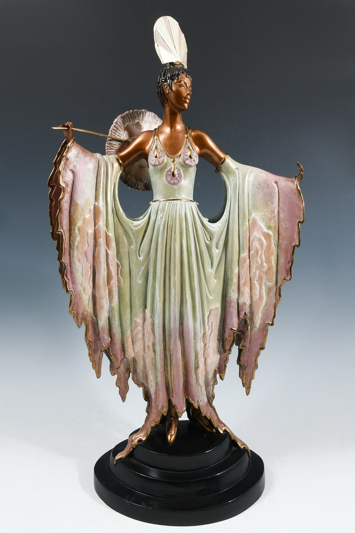 ERTE "TWILIGHT" ART DECO BRONZE: ERTE, aka Romain de Tirtoff, (Russian, 1892-1990): "Twilight", Patinated Bronze, overall 20.25" in height, incised signature on the back of the base, numbered 6/9, stamped with foundry marks and dated