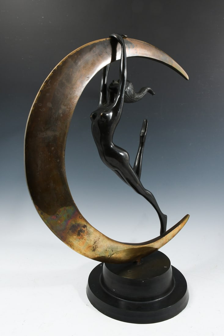 ART DECO BRONZE NUDE WITH MOON: ART DECO BRONZE NUDE WITH MOON: Art Deco Nude Female Figure Posing on a Crescent Moon, measures 22.75" in height overall, no visible signature or foundry marks.
