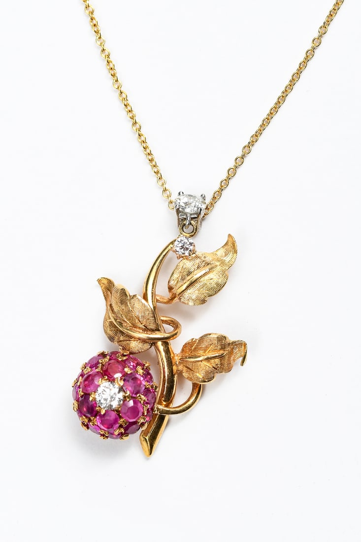 18K GOLD PLATINUM RUBY & DIAMOND PENDANT & CHAIN: (1 of 6)