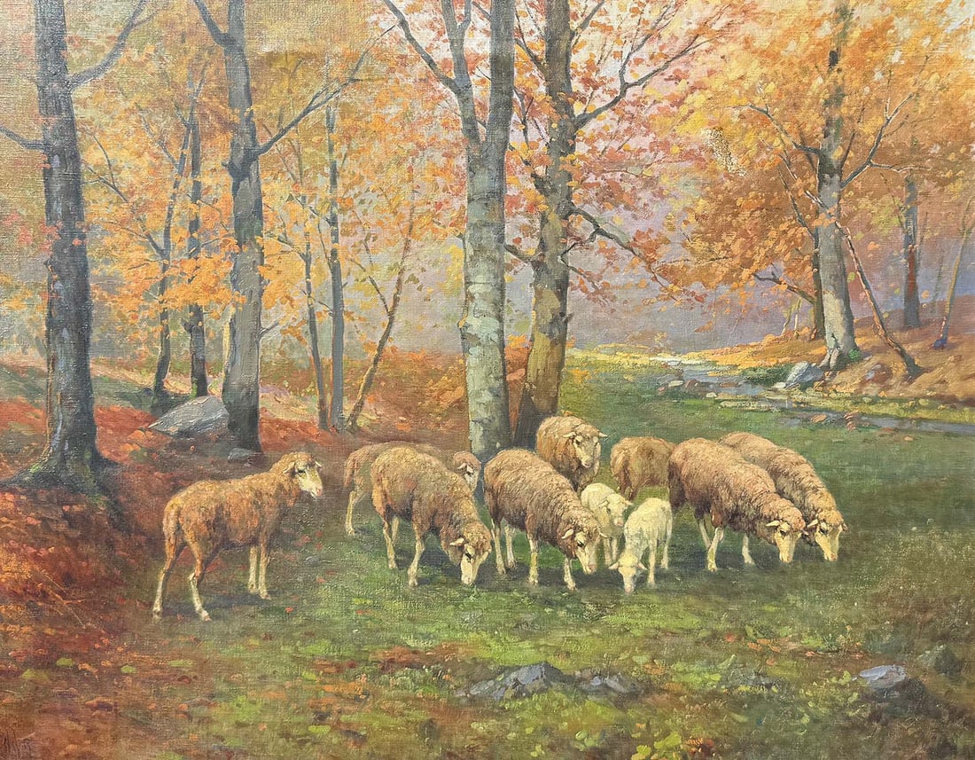 ILLEGIBLY SIGNED IMPRESSIONIST PAINTING OF SHEEP: ILLEGIBLY SIGNED IMPRESSIONIST PAINTING OF SHEEP: Oil/Canvas, 26.25" x 34.125", signed lower left, encased in original gilded and carved gesso frame, 31.5" x 39.5".