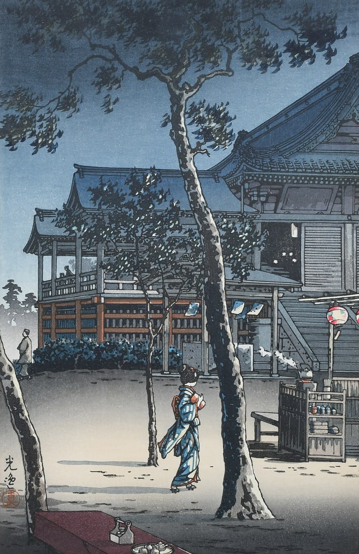 KOITSU ?UENO KIYOMIZUDO TEMPLE" WOODBLOCK PRINT: KOITSU, Tsuchiya, (Japanese, 1870-1949): "Ueno Kiyomizudo Temple", Japanese Woodblock Print, sight size 14" x 9", framed, 18" x 12.75".