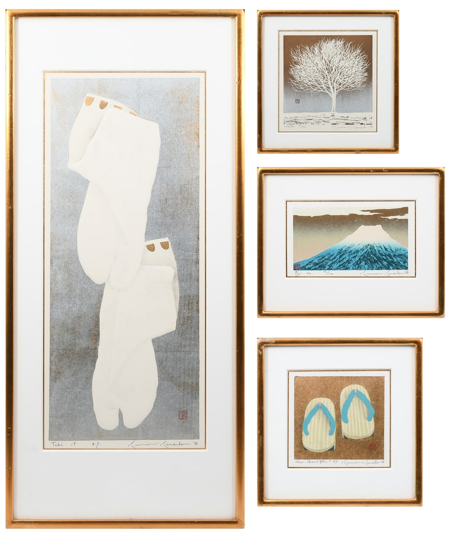 FOUR KUNIO KANEKO WOODBLOCK PRINTS: KANEKO, Kunio, (Japanese, b. 1949): Four Japanese Woodblock Prints with Gilt Accents in Matching Gilded Modern Frames: 1) "Tabi 19", sight size 20.5" x 8.375", pencil signed lower right and dated '86,