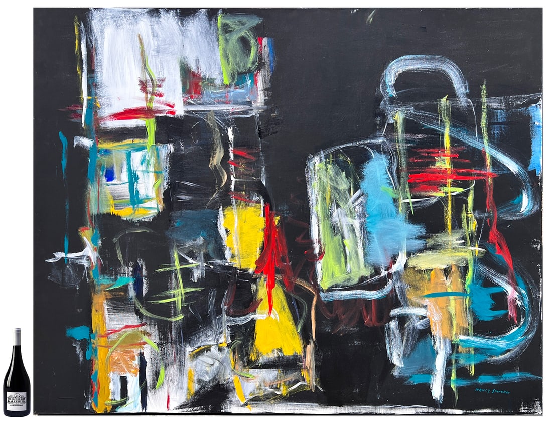 NANCY SMREKAR FIGURAL ABSTRACT PAINTING: SMREKAR, Nancy, (American, b. 1952): "My Soul is Being Drycleaned", Abstract Figures in Red, Yellow, Turquoise, and White. Acrylic/Canvas, 48" x 60", signed lower right, unframed.