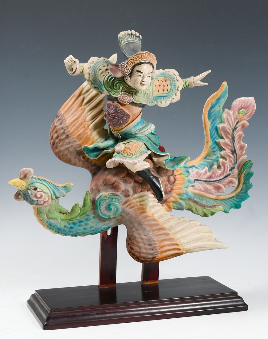 CHINESE POLYCHROME WARRIOR ON PHOENIX ROOF TILE: CHINESE POLYCHROME FEMALE WARRIOR ON PHOENIX ROOF TILE: