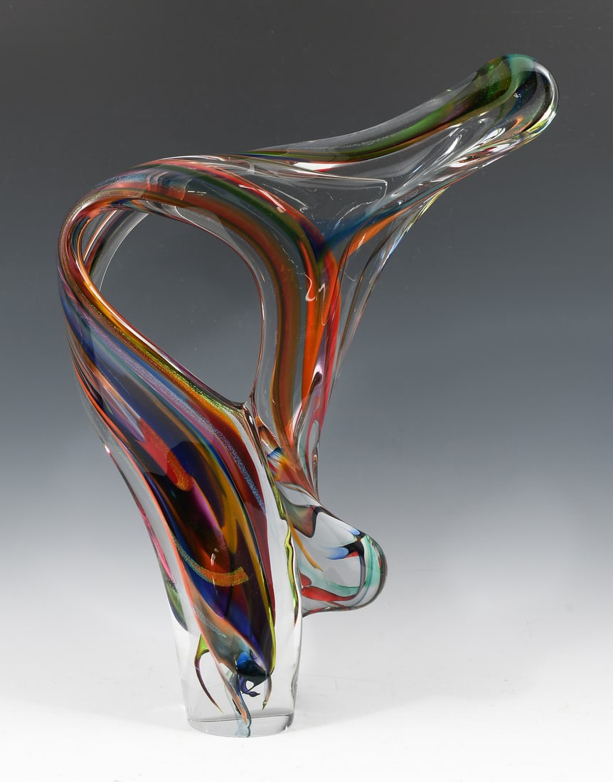 DAVID GOLDHAGEN FREEFORM ART GLASS SCULPTURE: DAVID GOLDHAGEN FREEFORM ART GLASS SCULPTURE: A colorful freeform art glass sculpture, signed David Goldhagen, 12/04. Approx. 19.75" h x 14.25" w x 3.5" d.