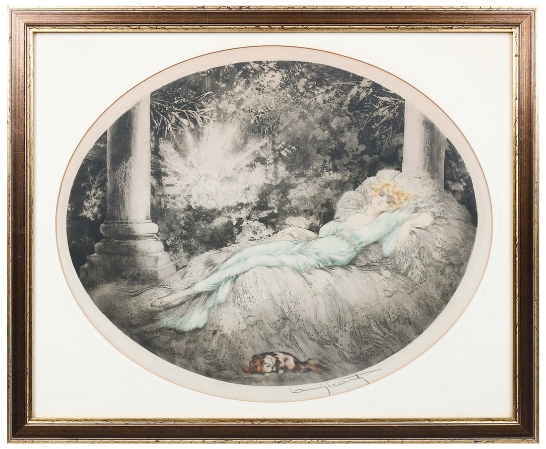 LOUIS ICART "SLEEPING BEAUTY" ETCHING: ICART, Louis, (French, 1888-1950): "Sleeping Beauty", Woman in Teal Dress Sleeping, Etching, oval sight size 16" x 19.5" with margins, signed in the lower margin and numbered "E. 283" with blind stamp