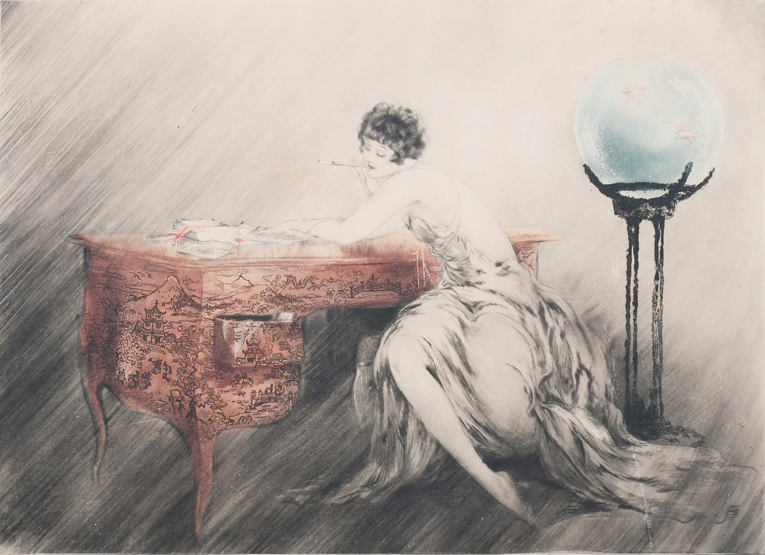 LOUIS ICART "RECOLLECTIONS" ETCHING: ICART, Louis, (French, 1888-1950): "Recollections", Woman Smoking at a Desk, Etching, sight size 13.375" x 17.75" with margins, signed lower right, blind stamp lower left, copyright date of 1928 print