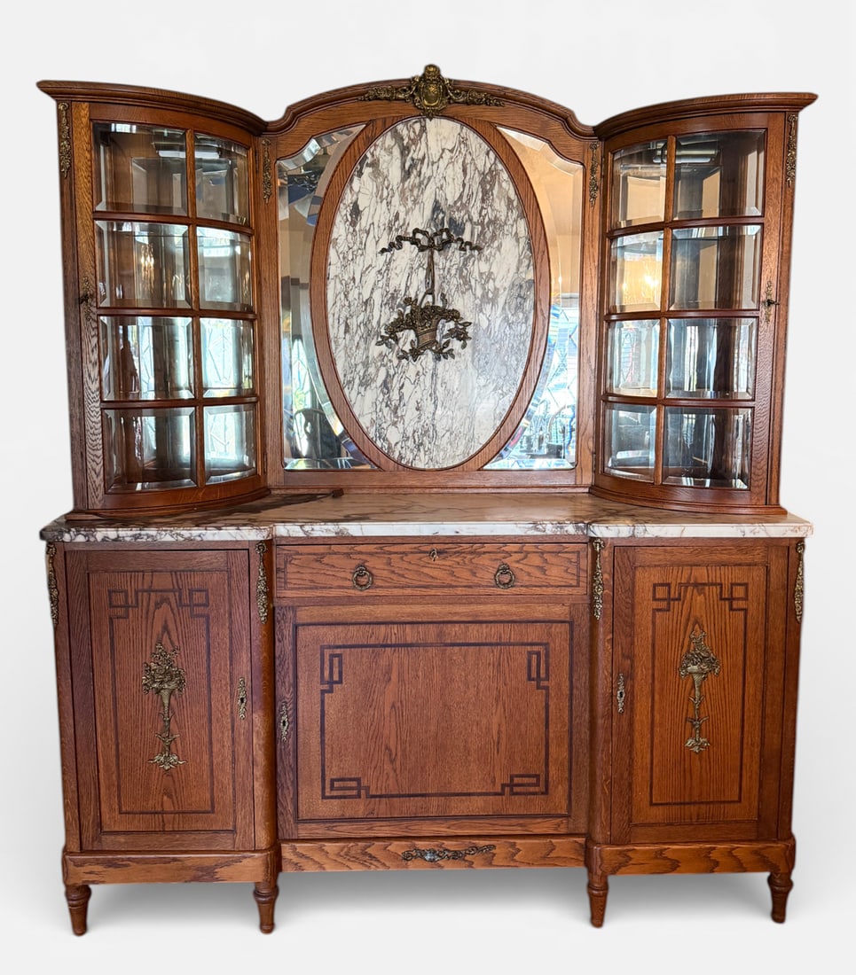 LOUIS XVI STYLE OAK MARBLE TOP SIDEBOARD W/ CURIO (1 of 2)