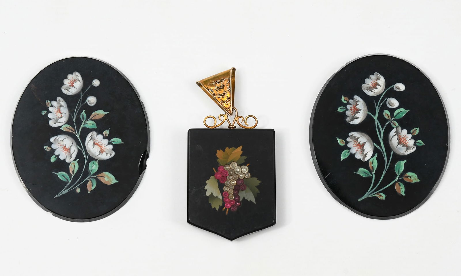 VICTORIAN JEWELRY INCLUDING A MICRO MOSIAC LOCKET: VICTORIAN JEWELRY INCLUDING A MICRO MOSIAC LOCKET. This lovely collection includes a micro mosaic shield shaped locket with 14K yellow gold findings and 2 oval disks with enamel paintings of flowers.