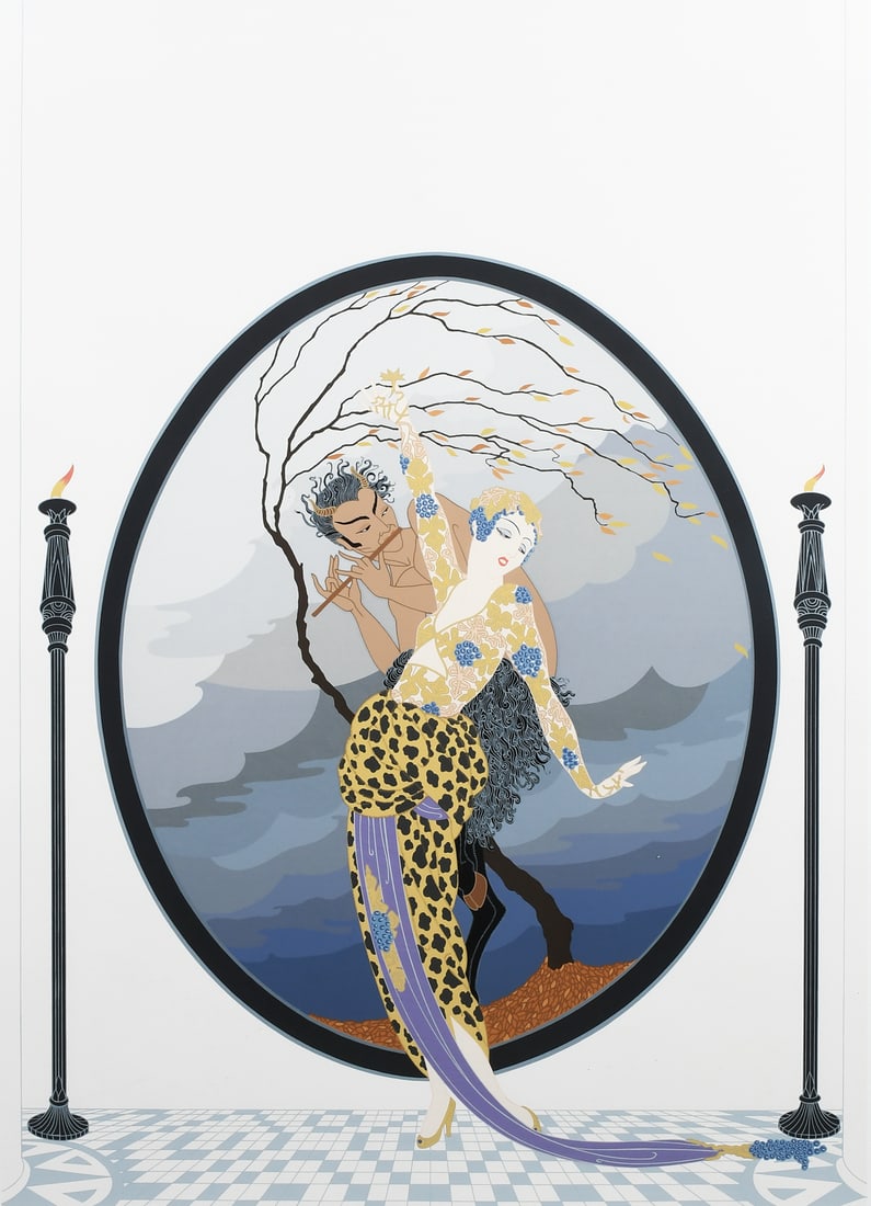 ERTE LITHOGRAPH "WOMAN AND SATYR": ERTE, aka Romain de Tirtoff, (Russian/French, 1892-1990): "Woman and Satyr", Lithograph, sight size 29.25" x 20.375" with margins, pencil signed lower right, numbered 54/300 lower left, custom Art Dec