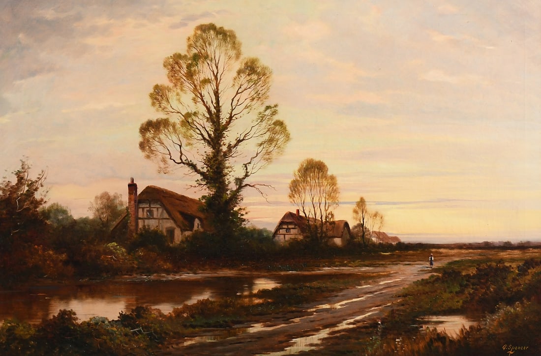 AUGUSTUS SPENCER COUNTRY COTTAGES PAINTING: SPENCER, Augustus, (English, 1860-1924): Country Landscape with Cottages, Trees, Pond, and Young Girl Walking. Oil/Canvas, 24" x 36", signed lower right, painted gesso frame, 30.75" x 42.375".