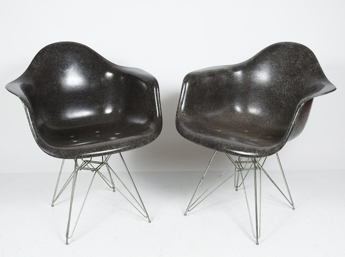PR. MCM EAMES HERMAN MILLER EIFFEL TOWER CHAIRS: PR. MCM EAMES HERMAN MILLER EIFFEL TOWER CHAIRS: Pair Charles and Ray Eames Herman Miller, DAR Elephant Gray Arm Fiberglass shell Chairs with Chromed Eiffel Tower bases. Approx. 29.5" h x 24.75" w x 2