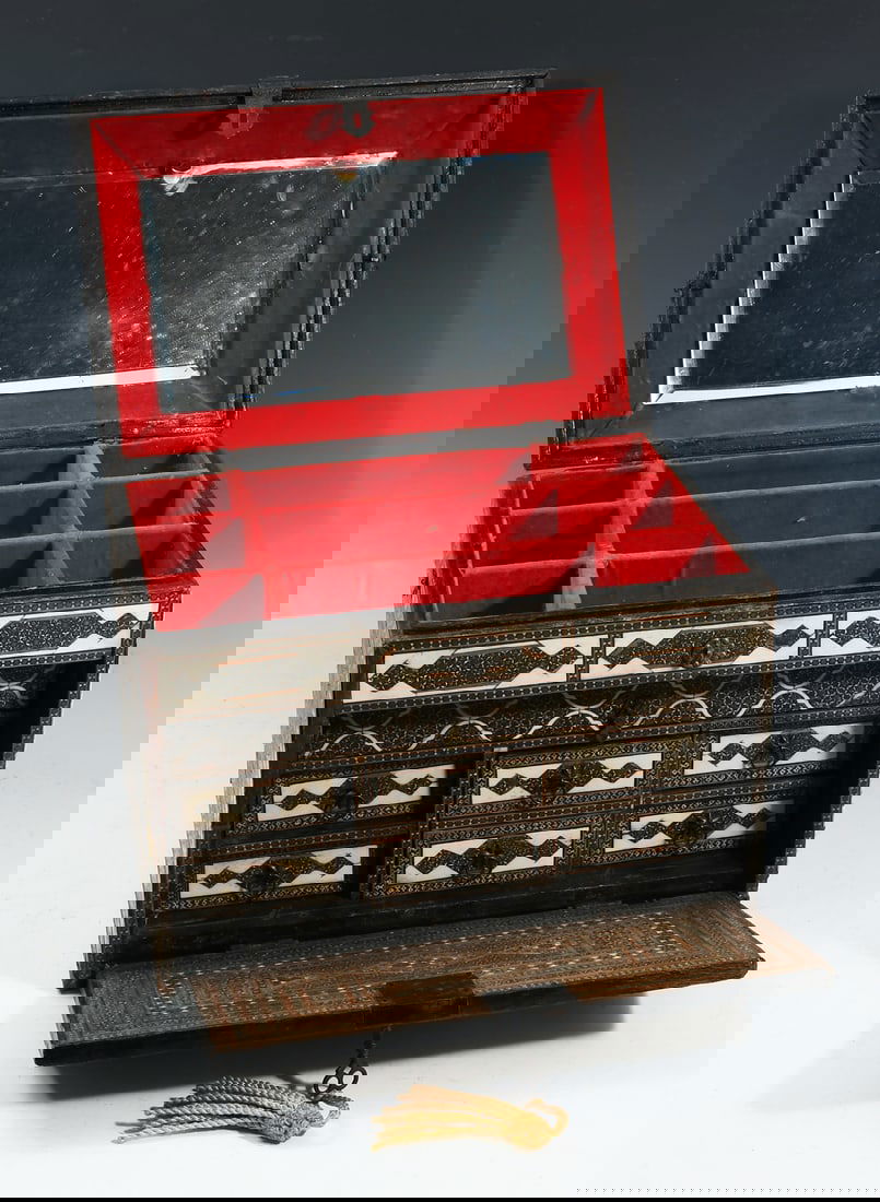 19TH-C. ISLAMIC MICRO MOSAIC INLAID JEWELRY BOX: 19TH-C. ISLAMIC MICRO MOSAIC INLAID JEWELRY BOX: Mirrored lid opens to reveal a red velvet lined, segmented compartment. A drop front door opens to expose a 6- Drawer interior. Intricate Micro Mosaic