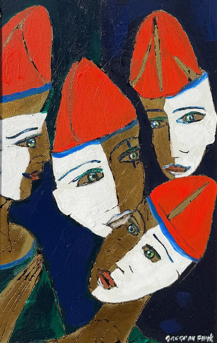 GREGORY FINK CLOWN FACES PAINTING: FINK, Gregory, (Brazilian, b. 1946): Four Stylized Clowns Wearing Red Hats, Mixed Media Oil and Gold Leaf/Masonite, sight size 27" x 17", signed lower right, framed, 34.5" x 24.5".
