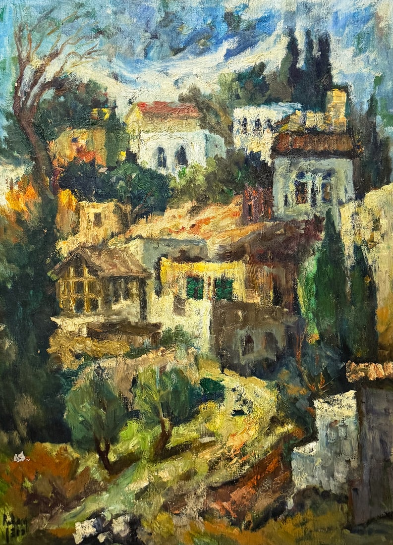 JEHUDA RODAN VERTICAL CITYSCAPE PAINTING: RODAN, Jehuda, (Israel, 1916-1985): Hillside Village in Israel, Oil/Canvas, 30.5" x 23.25", signed lower left, framed, 40" x 31.5".