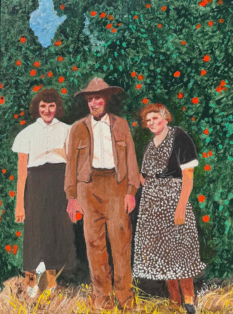 SYLVESTER WELLS HIGHWAYMEN ORANGE GROVE PAINTING: WELLS, Sylvester M., (American, 1939-2023): Three Figures in an Orange Grove, Oil/Canvasboard, 24" x 18", signed lower right, framed, 27.5" x 21.5".
