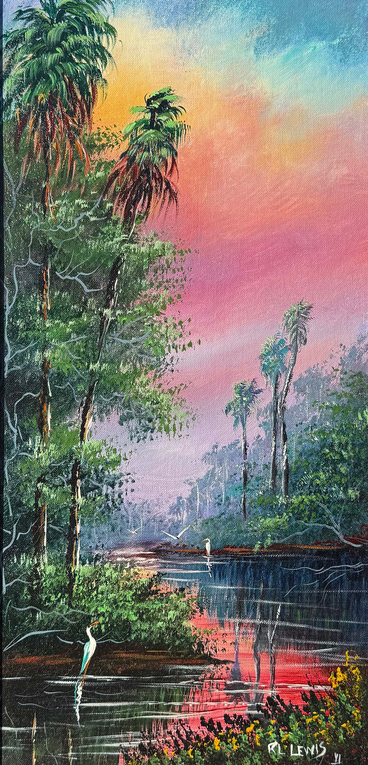R.L. LEWIS FLORIDA HIGHWAYMEN LAGOON PAINTING: LEWIS, Robert L., (American, b. 1941): Florida Highwaymen Lagoon Scene with Pink Skies, Egrets, and Palms. Oil/Canvasboard, 24" x 12", signed lower right, also signed and dedicated verso, framed, 27.5