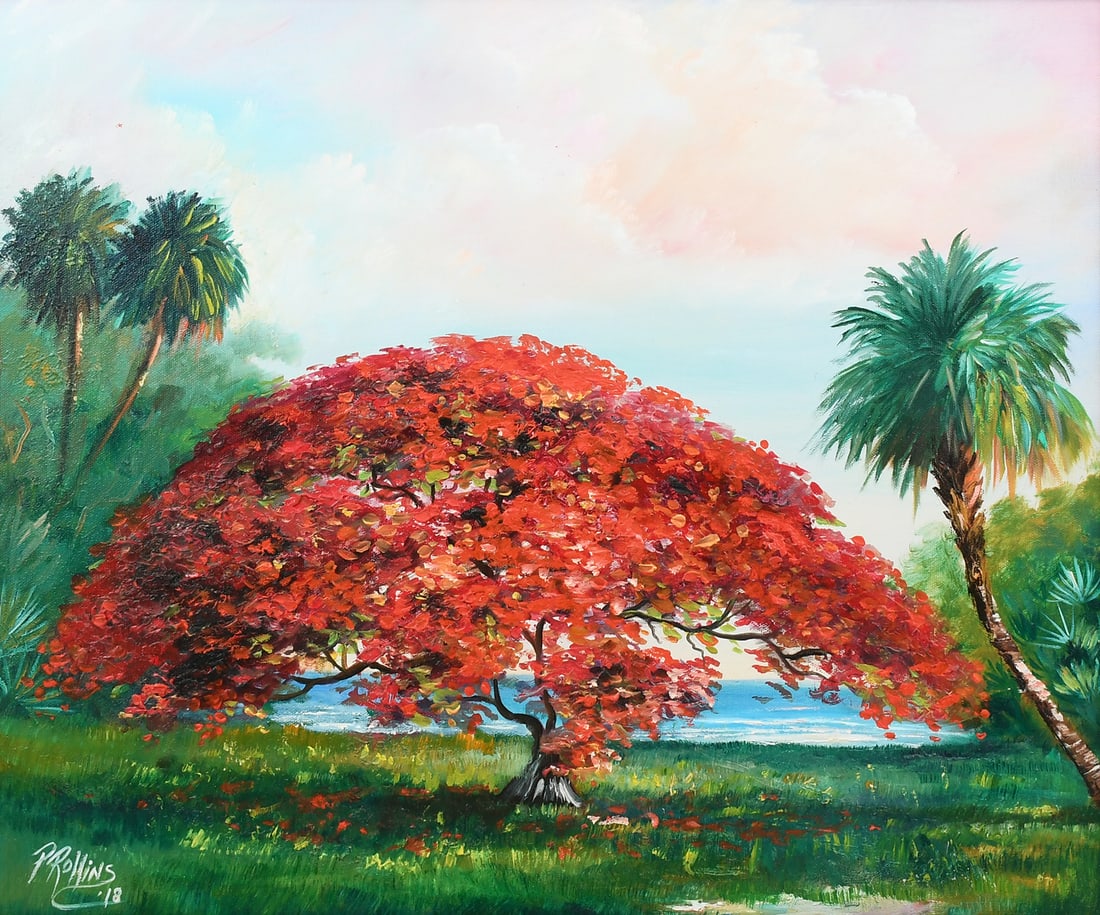 PAT ROLLINS HIGHWAYMEN-STYLE ROYAL POINCIANA PAINTING: ROLLINS, Pat, (American, 21st Century): "Real Umbrella Tree", Florida Highwaymen-Style Landscape Painting with Vibrant Blooming Royal Poinciana Tree and Palms, Oil/Canvas, 20" x 24", signed lower righ