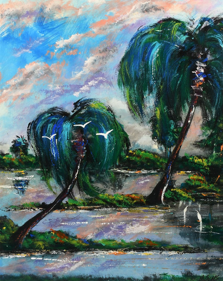 MICHAEL SEARS HIGHWAYMEN-STYLE LANDSCAPE PAINTING: SEARS, Michael, (American, 20th/21st Century): Florida Highwaymen-Style Backwater Landscape with Palms and Wading Birds, Oil/Masonite, 29" x 23", signed lower right, illegible dedication verso, painte