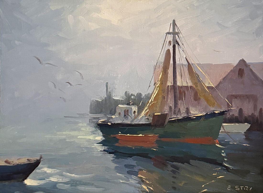 ERIC STRY GLOUCESTER DOCKSIDE PAINTING: STRY, Eric, (German/American, 1901-1975): "Dawn", Gloucester Dockside Scene with Fishing Boats, Oil/Canvasboard, 9" x 12", signed lower right, framed, 12" x 15".