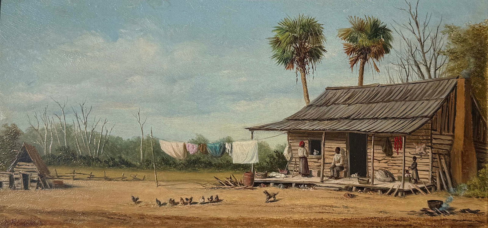 WILLIAM AIKEN WALKER CRACKER CABIN PAINTING: WALKER, William Aiken, (American, 1838-1921): Florida Cracker Cabin Scene with Drying Laundry and Animals in the Yard, Oil/Board, 6" x 12", signed lower left, gilded frame, 12" x 18".