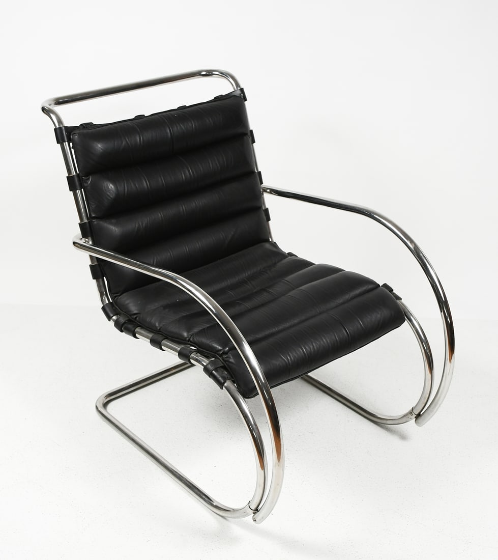 MIES VAN DER ROHE FOR KNOLL CHROME "MR" CHAIR: MIES VAN DER ROHE FOR KNOLL CHROME "MR" CHAIR: Tubular chromed steel frame with leather straps and black roll-tufted leather cushion. Knoll tag at the underside. Approx. 33.25" h x 25" w x 37" d.