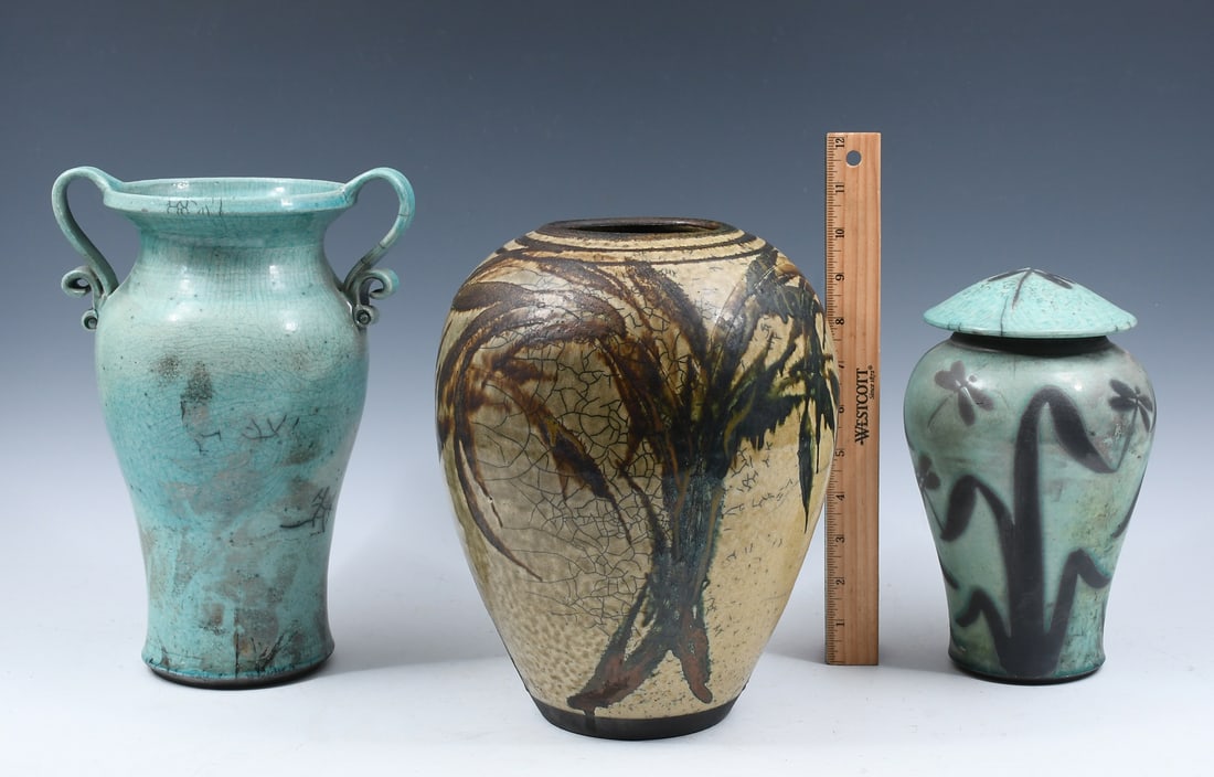 3 PC. SIGNED RAKU POTTERY VASES (1 of 6)