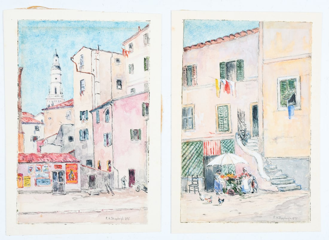 2 FRANK SHAPLEIGH ST. AUGUSTINE PAINTINGS: SHAPLEIGH, Frank, (American, 1842-1906): Two Saint Augustine Florida Street Scenes, Watercolor and Gouache, 8.25" x 5.25", both signed and dated, 1893 & 1895, unframed.