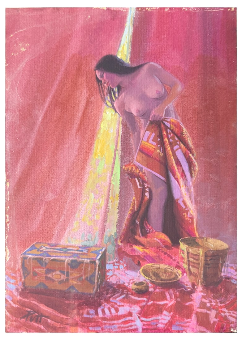 DONALD "PUTT" PUTMAN NATIVE AMERICAN BEAUTY PAINTING: PUTMAN, Donald "Putt", (American, 1926-2007): Native American Beauty Wrapping Herself in a Blanket, Gouache, 12" x 8.5", signed lower left, in a Plexiglass display.