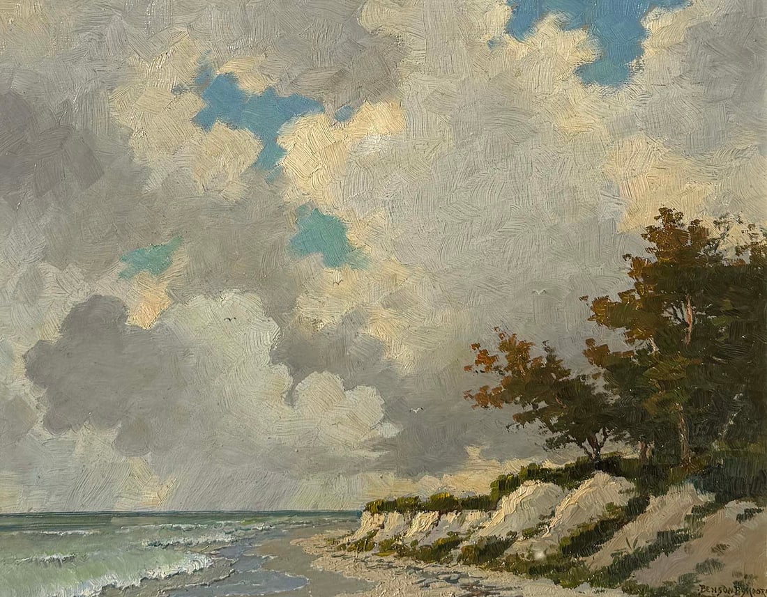 BENSON BOND MOORE FLORIDA GULF COAST PAINTING: MOORE, Benson Bond, (American, 1882-1974): "Afternoon on the Gulf of Mexico", Florida Gulf Coast Beach Scene, Oil/Masonite, 16" x 20", signed lower right, titled verso and numbered 169, framed, 22.5"