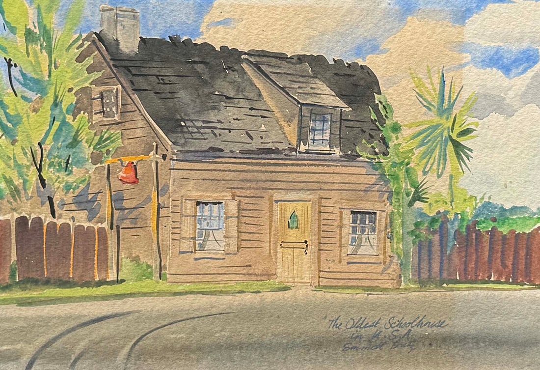 EMMETT FRITZ ST. AUGUSTINE SCHOOLHOUSE PAINTING: FRITZ, Emmett John, (American, 1917-1995): "The Oldest Schoolhouse in the USA", Watercolor, sight size 8" x 11.125", signed lower right and titled, framed, 18" x 21.5". This schoolhouse is a landmark