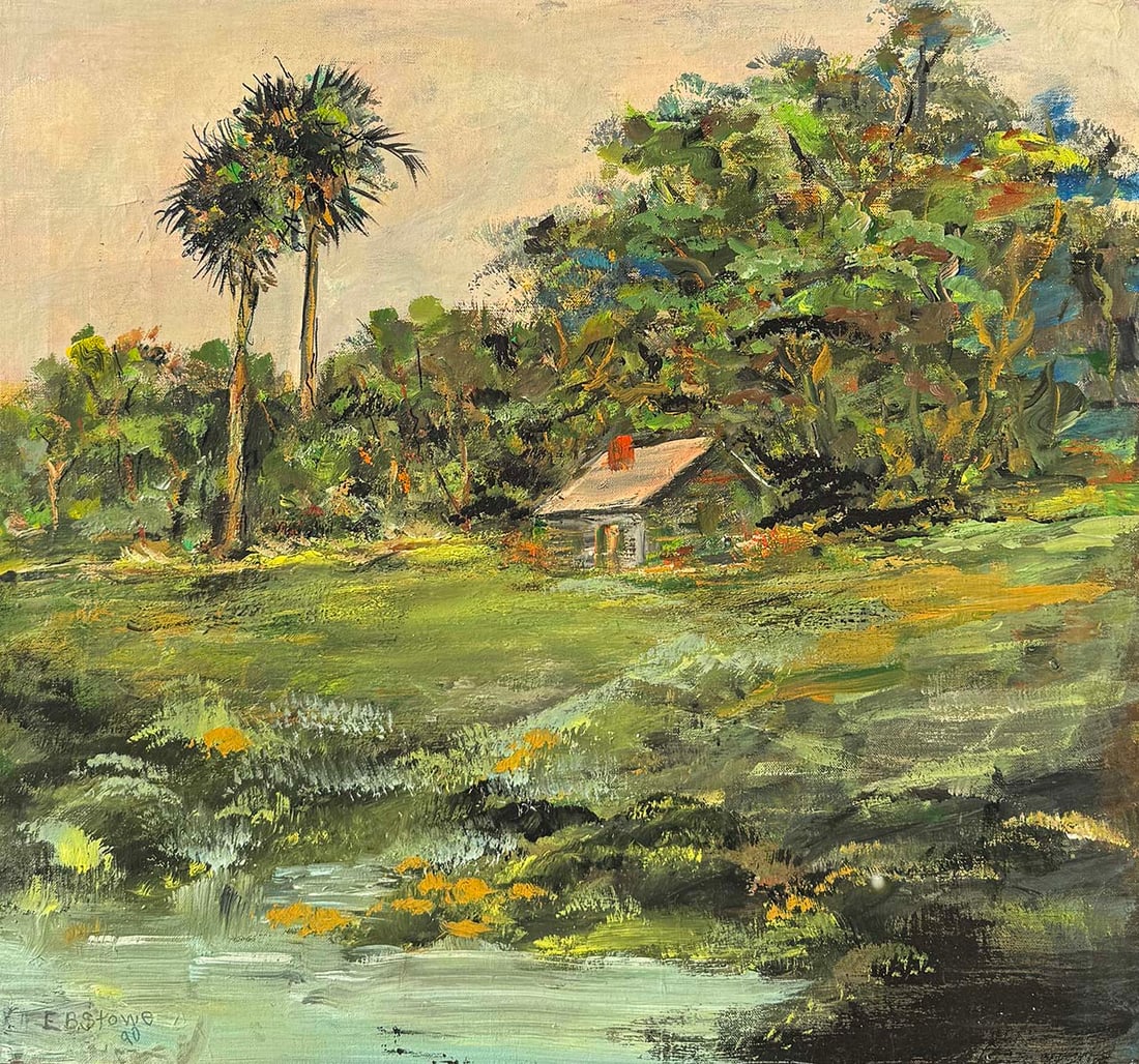 E.B. STOWE FLORIDA CRACKER CABIN PAINTING: STOWE, Edmund Bruce, (American, 1895-1995): Landscape with Florida Cracker Cabin and Palms, Oil/Canvas, 24" x 26", signed lower left, dated '90, framed, 26" x 28".