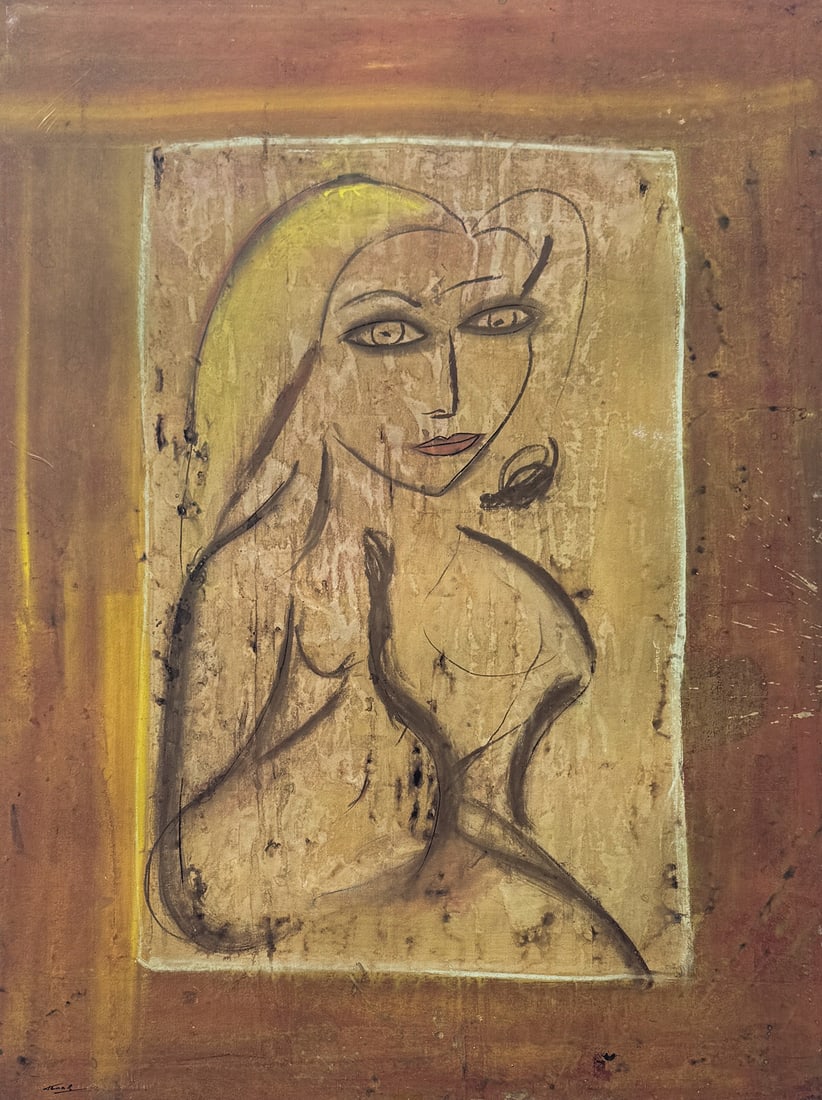LARGE JAMALI PROFILE PORTRAIT OF A BLONDE WOMAN: JAMALI, (Pakistani/American, b. 1944): Portrait of a Blonde Woman in Jamali's Distinct Style, Mixed Media, 51" x 38", signed lower left, label verso from Jamali's representative company with a serial