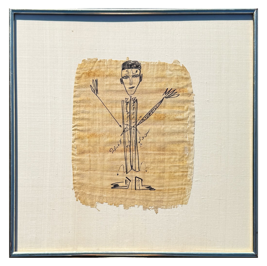 ORIGINAL JAMALI SUMI INK PAPYRUS DRAWING: JAMALI, (Pakistani/American, b. 1944): Figural Drawing, Sumi Ink/Papyrus, 17.75" x 14", painted frame, 28.25" x 28.25". Art and Peace label verso with medium, serial ID number, and original price tag
