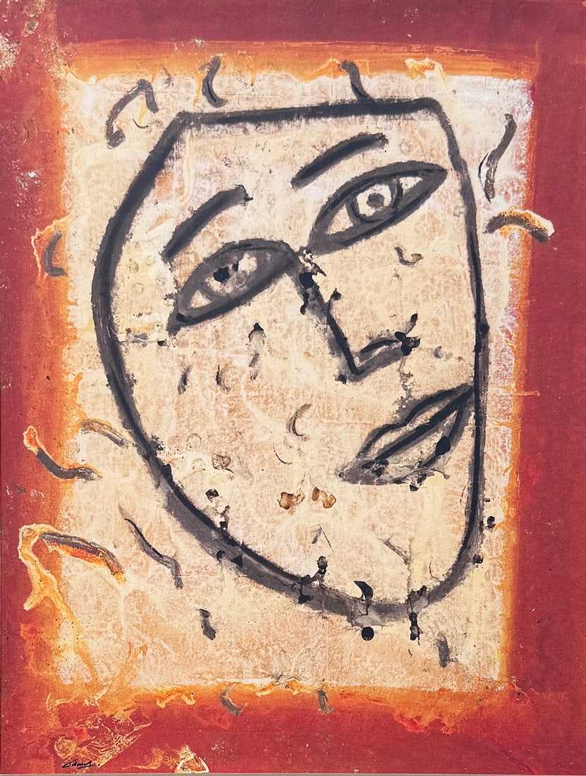 JAMALI ABSTRACT FACE MIXED MEDIA: JAMALI, (Pakistani/American, b. 1944): Male Face in Jamali's Distinct Style, Mixed Media, 26" x 20", signed lower left, Art and Peace label verso with ID number 3320 and edition number 1/195, framed,