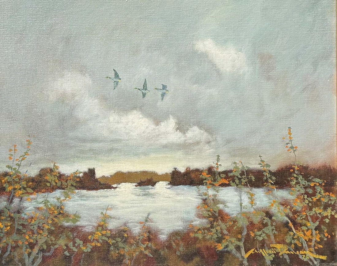 ILLEGIBLY SIGNED PAINTING OF DUCKS FLYING OVER MAR (1 of 4)