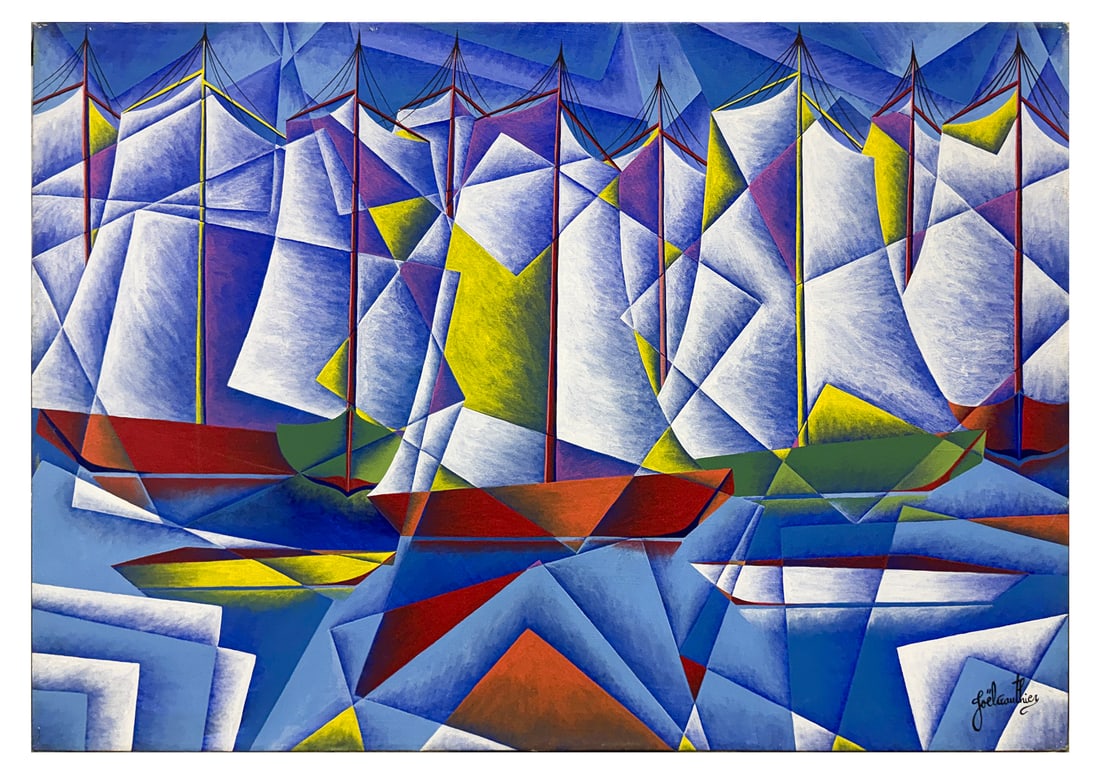 JOEL GAUTHIER CUBIST SAILBOATS PAINTING: GAUTHIER, Joel, (Haitian, 20th Century): "Boats in the Harbor", Oil/Canvas, 30" x 40", signed lower right, titled on the stretcher verso, unframed.