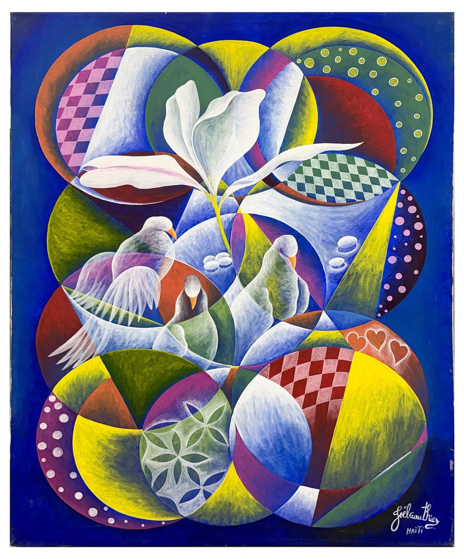 JOEL GAUTHIER "PALOMA THE BIRD OF PEACE" PAINTING: GAUTHIER, Joel, (Haitian, 20th Century): "Paloma The Bird Of Peace", Cubist Composition with Doves, Oil/Canvas, 39.875" x 29.875", signed lower right and inscribed "Haiti", titled on the stretcher ver