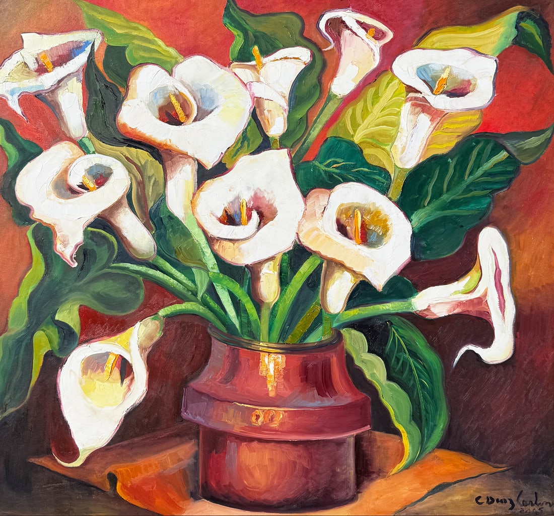 LARGE DIEGO RIVERA STYLE PAINTING OF LILIES: LARGE DIEGO RIVERA STYLE PAINTING OF LILIES: Oil/Canvas, 48.5" x 51", illegibly signed lower right "C. Diaz" (?), framed, 54.75" x 58.5".