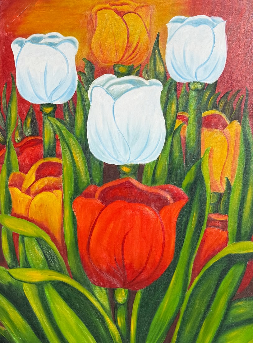 DIEGO RIVERA STYLE PAINTING OF TULIP BULBS: DIEGO RIVERA STYLE PAINTING OF TULIP BULBS: Oil/Canvas, 40" x 29", framed, 45" x 35.25".