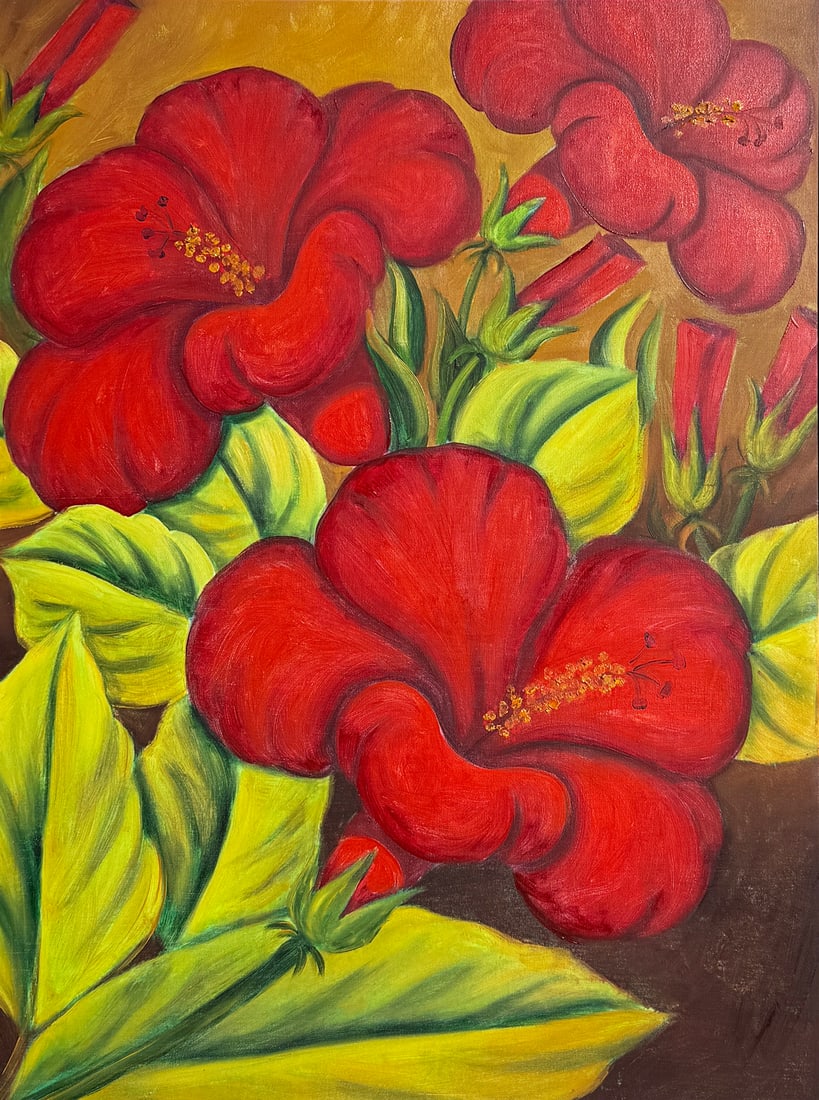 DIEGO RIVERA STYLE PAINTING OF RED FLOWERS IN BLOOM: DIEGO RIVERA STYLE PAINTING OF RED FLOWERS IN BLOOM: Oil/Canvas, 40" x 29", framed, 45" x 35.25".